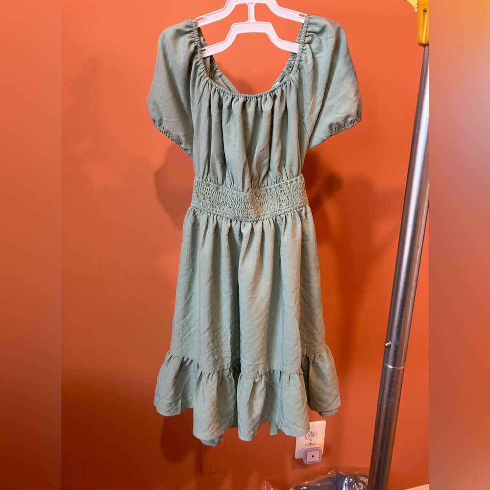 Light Sage Green Smocked Waist Tie-back Dress